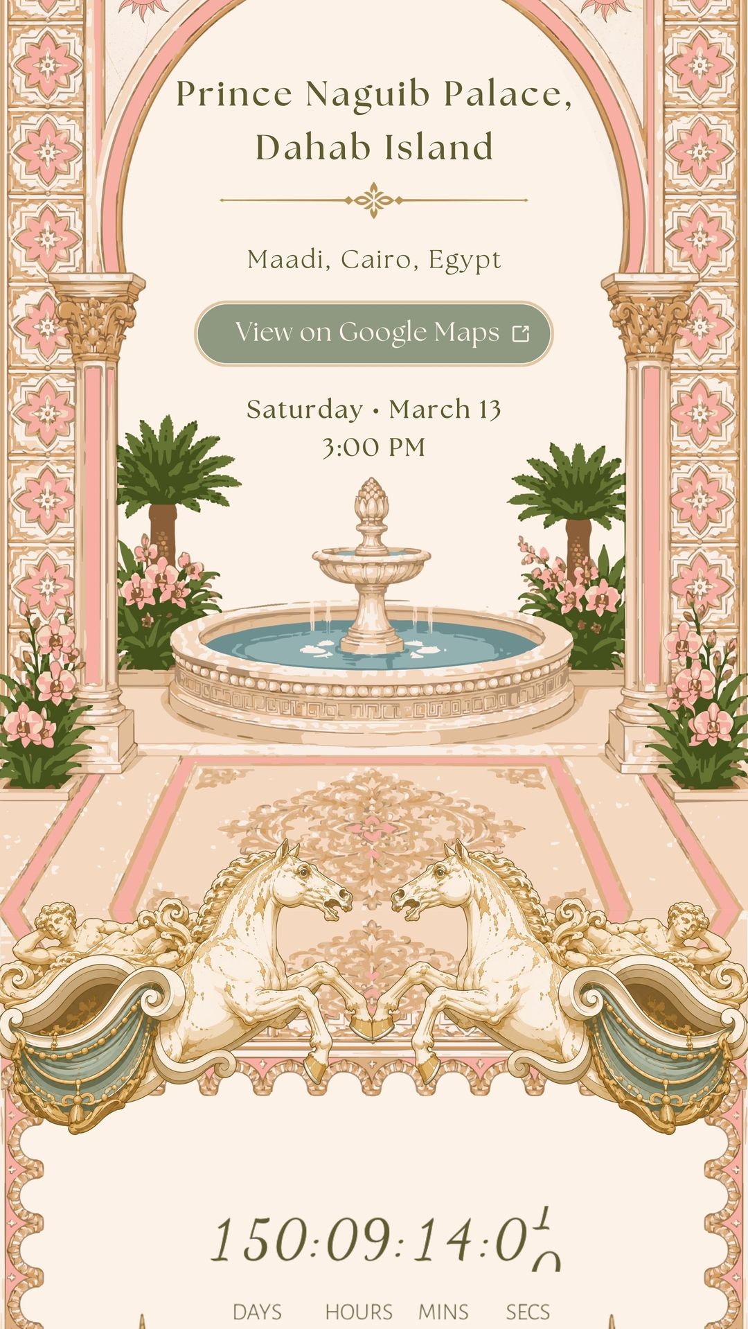 Prince Naguib Palace, Dahab Island, Maadi, Cairo, Egypt. Saturday, March 13, 3:00 PM